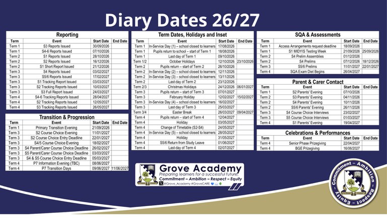 Grove Academy Diary Dates 26/27