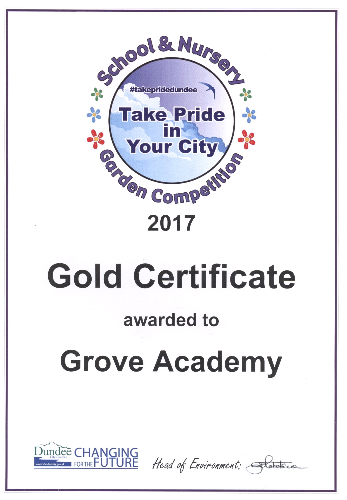 Gold Certificate Award For Grove Gardeners